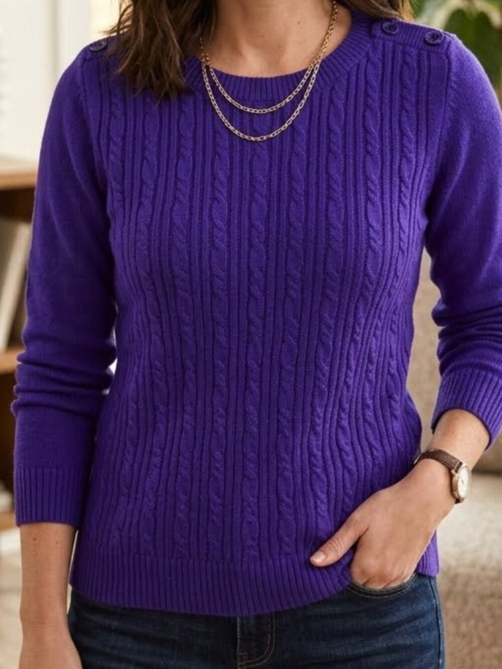 Banana Republic Women's Purple Cable-Knit Crewneck Sweater Size M